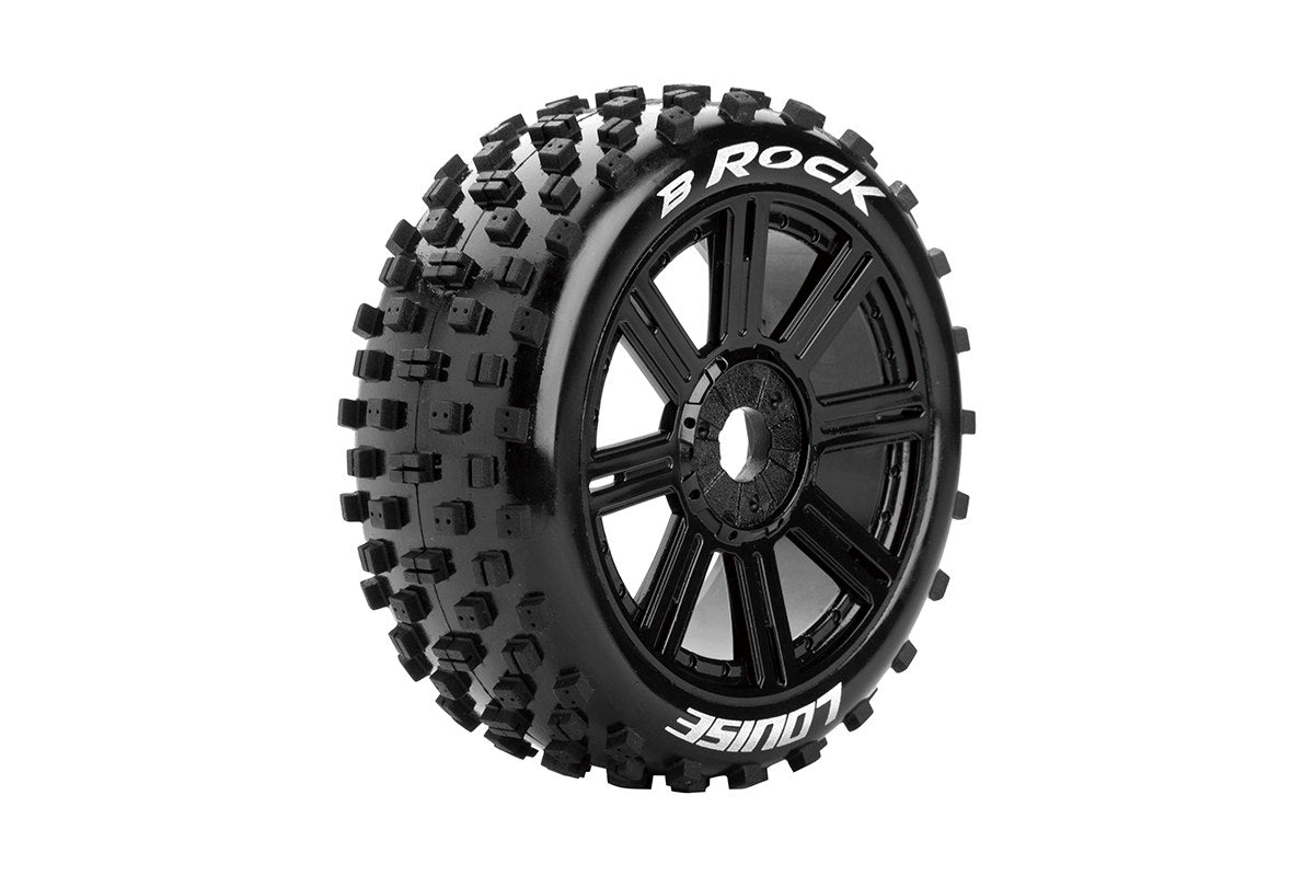 B-Rock 1/8 Off-Road Buggy Tires, 17mm Hex, Mounted on Black Spoke Rim, Soft, Front/Rear (2)