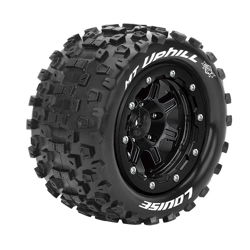 MFT MT-Uphill 1/10 Monster Truck Tires, 1/2" Offset, 17mm Hex, Soft, Mounted on Black Rim (2)