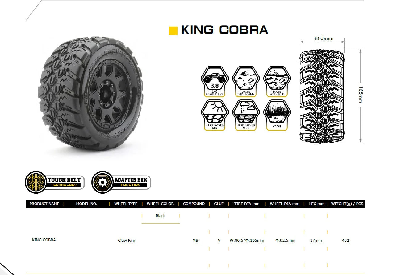 1/8 MT 3.8 King cobra Belted Mounted Tires (2) 17MM