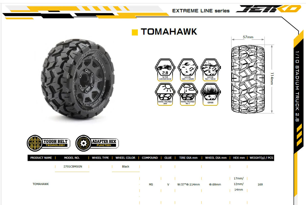 1/10 2.8 ST Tomahawk Belted Tires (2) with Removable Hex Wheels