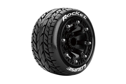 ST-Rocket 1/16 Stadium Truck Tires, 12mm Hex, Soft, Mounted on Black Spoke Rim, Front/Rear (2)