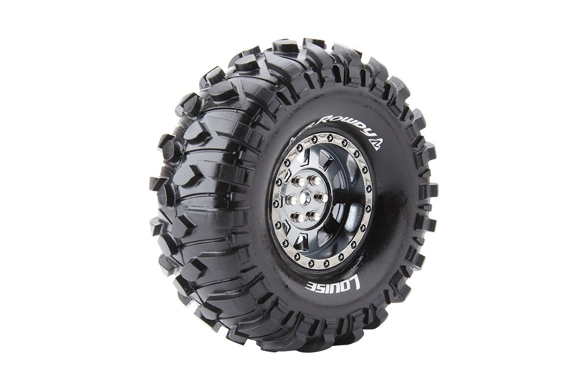CR-Rowdy 1/10 1.9" Crawler Tires, 12mm Hex, Super Soft, Mounted on Black Chrome Rim, Front/Rear (2)