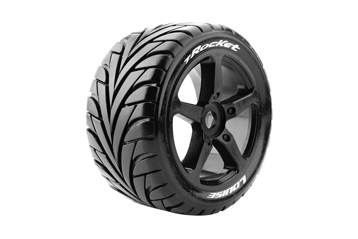 T-Rocket 1/8 Off-Road Truggy Tires, 0" Offset, 17mm, Mounted on Black Spoke Rim, Front/Rear (2)