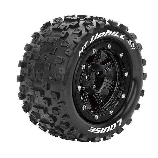 MFT MT-Uphill 1/10 Monster Truck Tires, 1/2" Offset, 17mm Hex, Soft, Mounted on Black Rim (2)