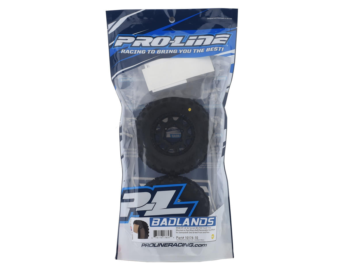 Proline Badlands MX28 Belted 2.8" Pre-Mounted Truck Tires (2) (Black) (M2) w/Raid 6x30 Removable Hex Wheels