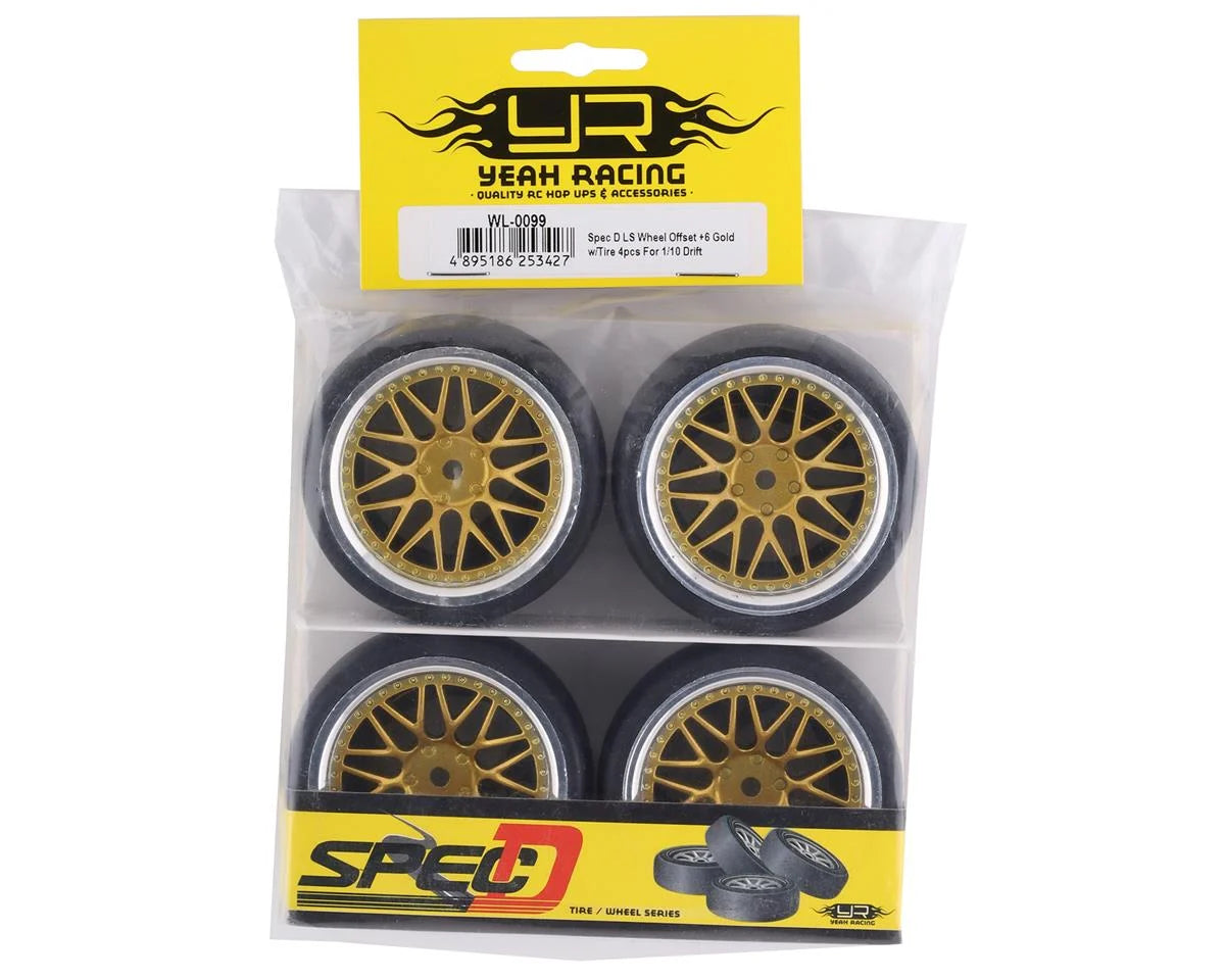 Spec D Pre-Mounted Drift Tires w/LS Mesh Wheels (Chrome/Gold) (4) w/12mm Hex & 6mm Offset
